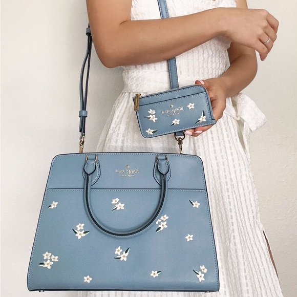 kate spade Handbags - Kate Spade Madison Floral Embroidered Medium Satchel Polished Blue + Wallet